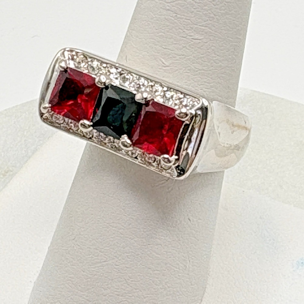 Rhodium Plated Silver Tone Cocktail Ring 8 Red Black NWOT Camille Lucie STUNNING